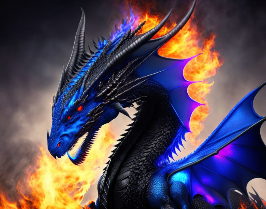 Detailed Blue Dragon Breathing Fire on Dark Background