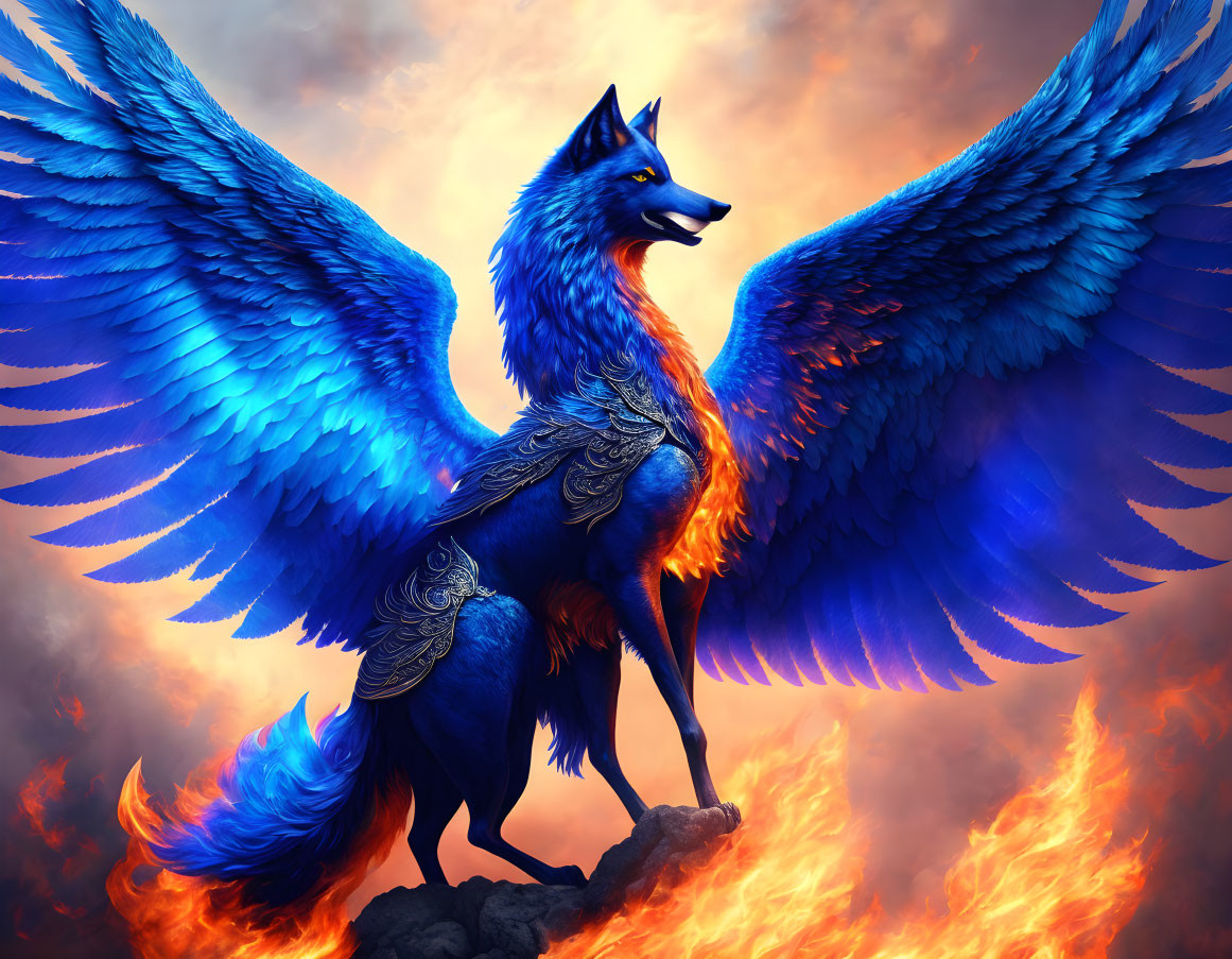 Blue-Winged Fox Standing on Rock Amid Flames and Dramatic Sky