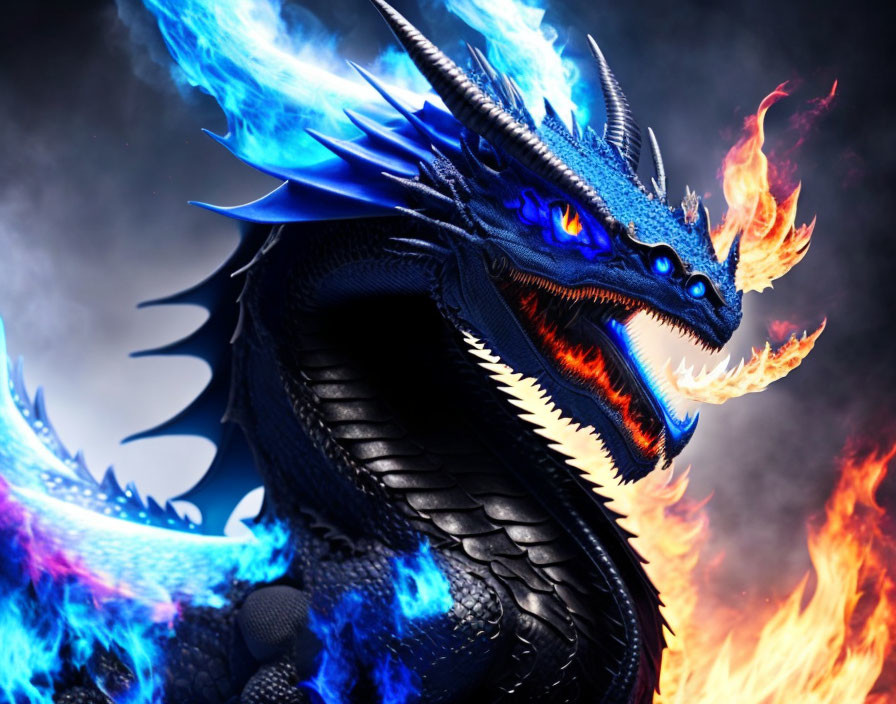 Blue Dragon Breathing Fire and Ice in Mystic Setting