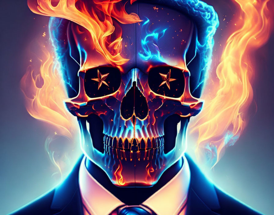 Split skull digital artwork: blue and orange flames, formal suit design