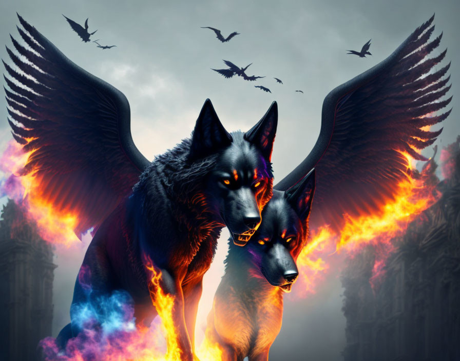 Black wolves with fiery eyes and flaming wings in gothic setting.