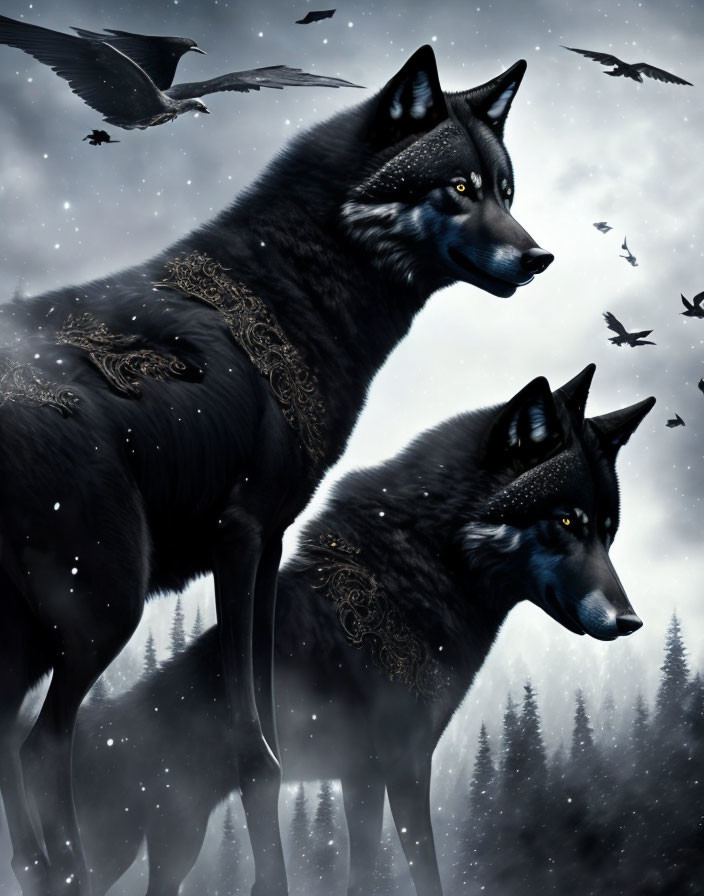 Mystical black wolves with ornate markings under cloudy sky and flying birds