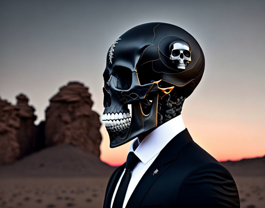 Skull-headed Figure in Black Suit Against Desert Sunset