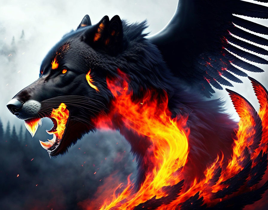 Digital art: Black wolf with wings engulfed in fiery glow on stormy sky background