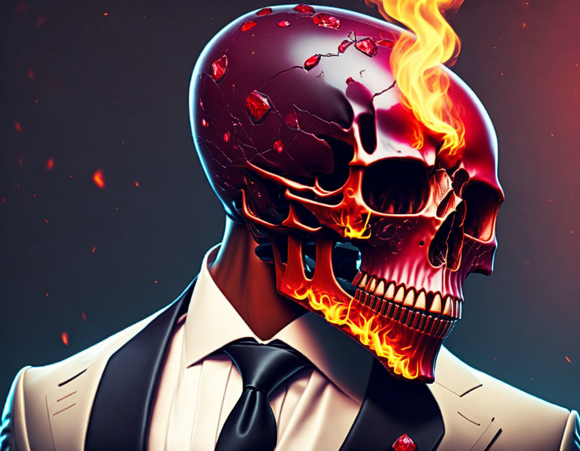 Person in Suit with Flaming Skull Head: Fiery and Glossy Digital Artwork