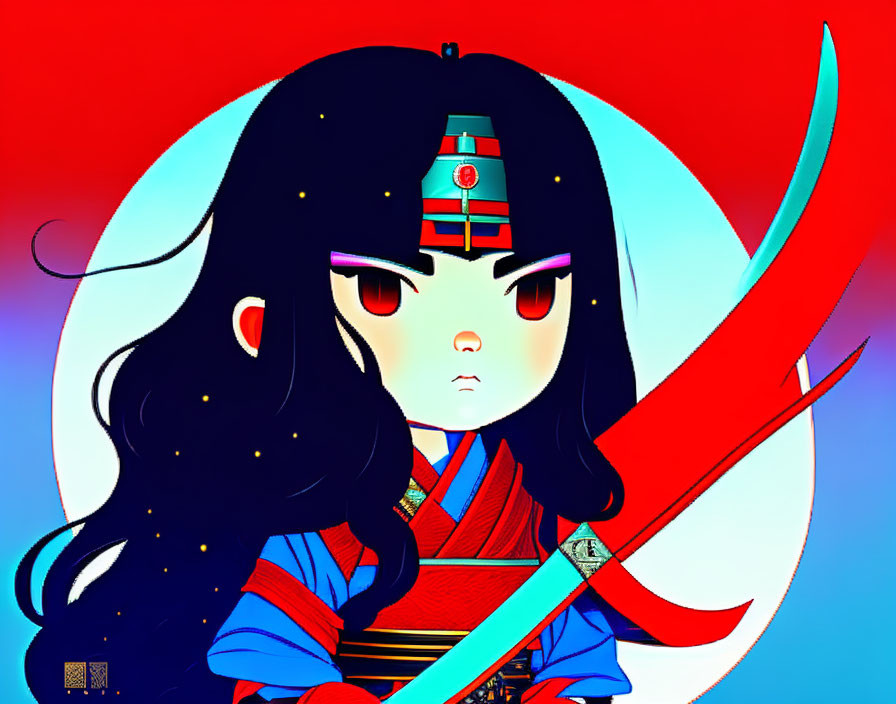 Stylized female warrior with black hair and katana on red and blue backdrop