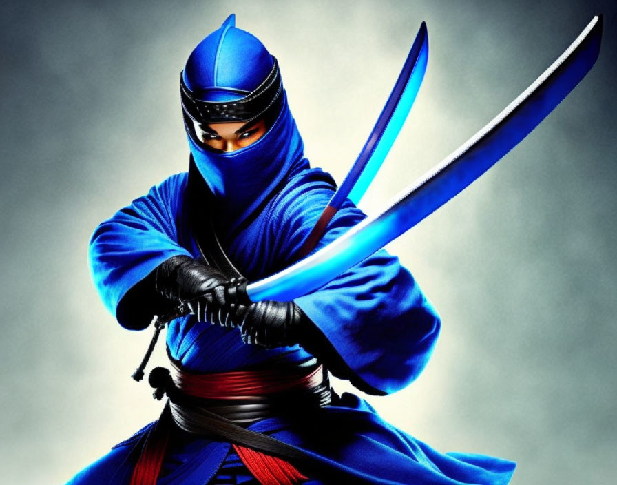 Blue-clad ninja with dual curved swords on grey backdrop