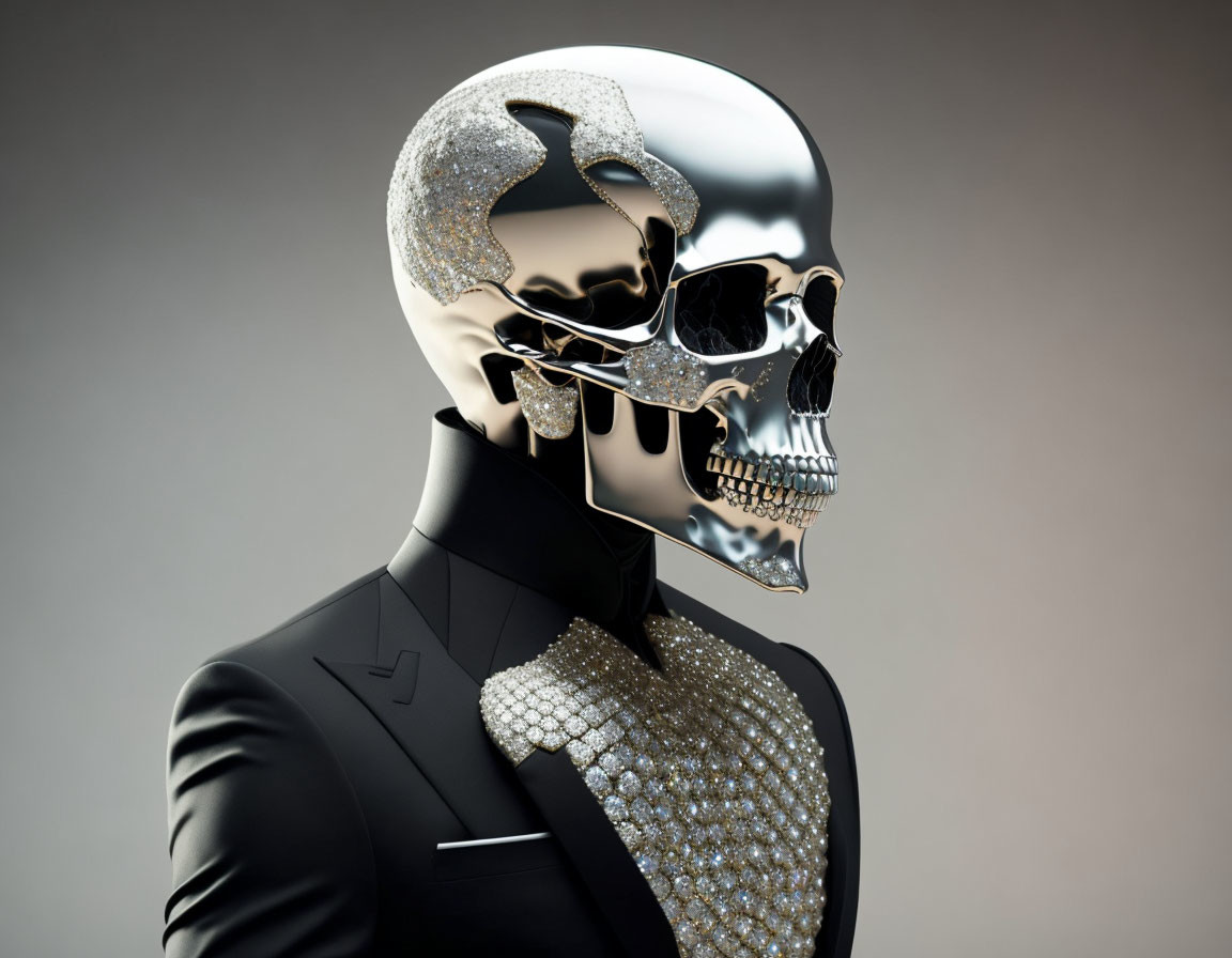 Digital Artwork: Person with Glossy Skeletal Head in Black Suit