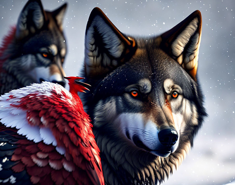 Vividly detailed digitally rendered wolves with red-feathered bird in snowy scene