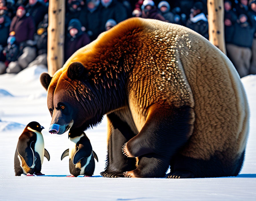 Brown bear towering over penguins on ice with spectators in background