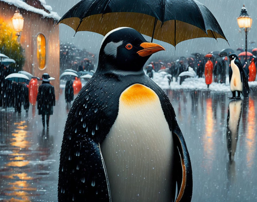 Penguin with Umbrella Walking on Snowy Street