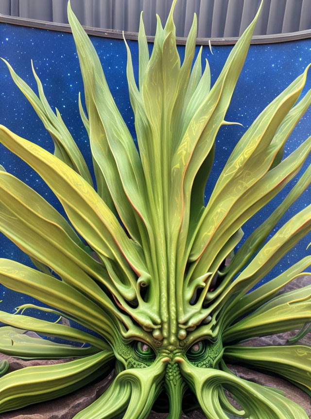 Green humanoid sculpture with leaf-like appendages on starry backdrop