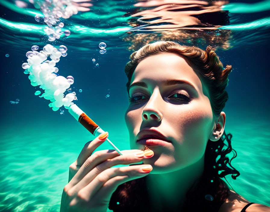 Woman with stylized makeup and cigarette underwater in turquoise setting
