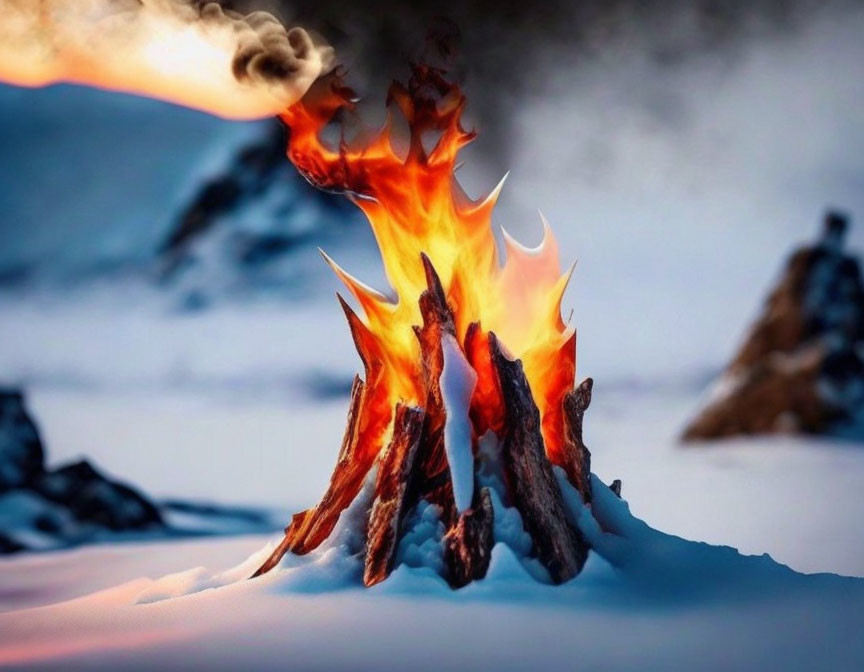 Fierce campfire flames against snowy mountain backdrop