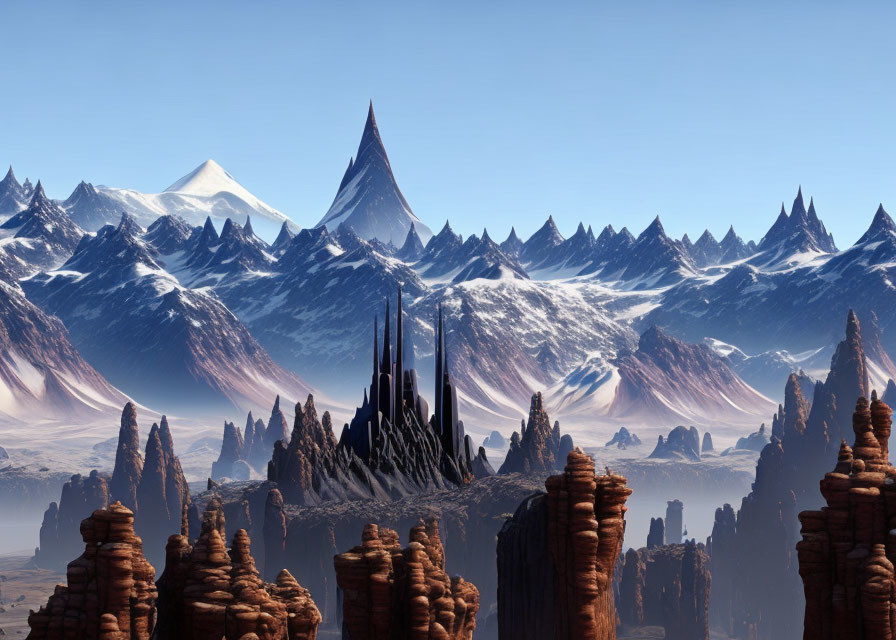 Futuristic tower in rugged alien landscape with icy peaks