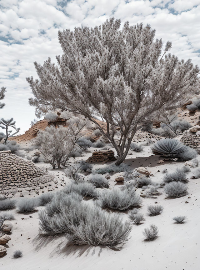 Monochrome desert landscape with bushy tree and shrubs under cloudy sky