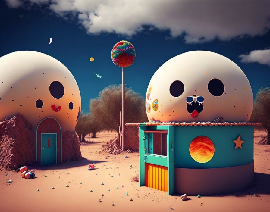 Surreal landscape featuring smiley face houses, candy decor, barren trees, and rosy sky