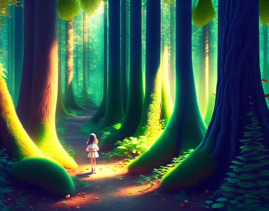 Girl in Vibrant Forest with Moss-Covered Trees and Sunlit Pathway
