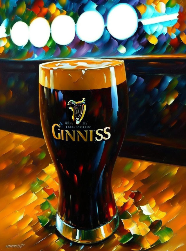 Colorful Painting of Guinness Beer Pint on Bar Top