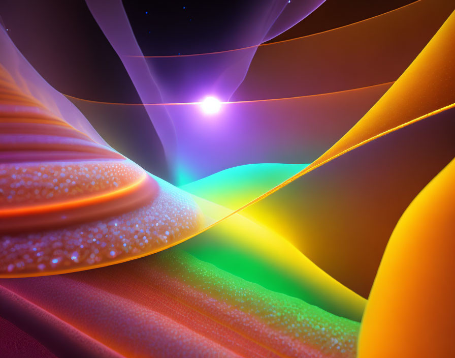 Abstract image with smooth curves in orange, green, and purple hues.