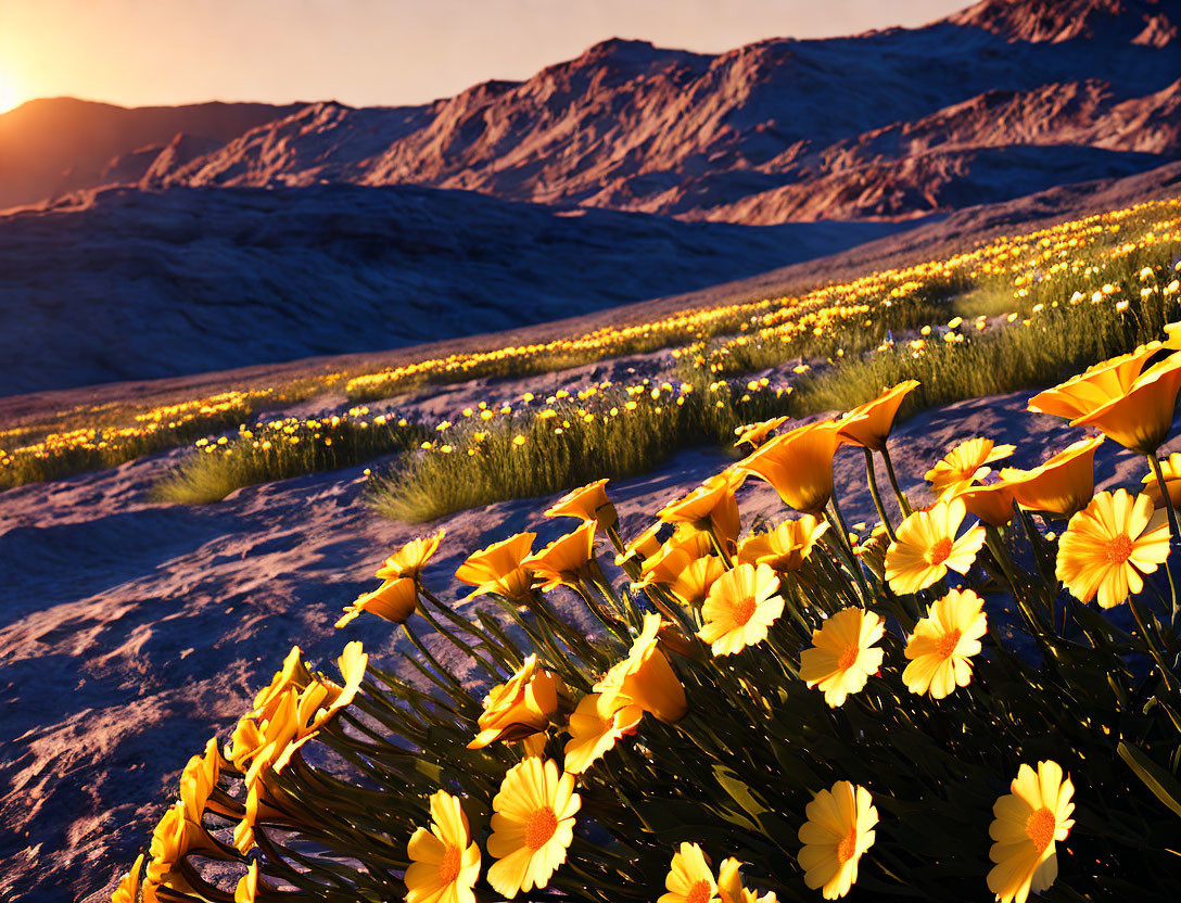 Scenic sunset view of yellow wildflowers in a hilly landscape