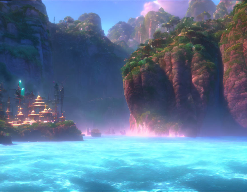 Mystical landscape with towering cliffs, serene water, exotic structures, and ethereal glow