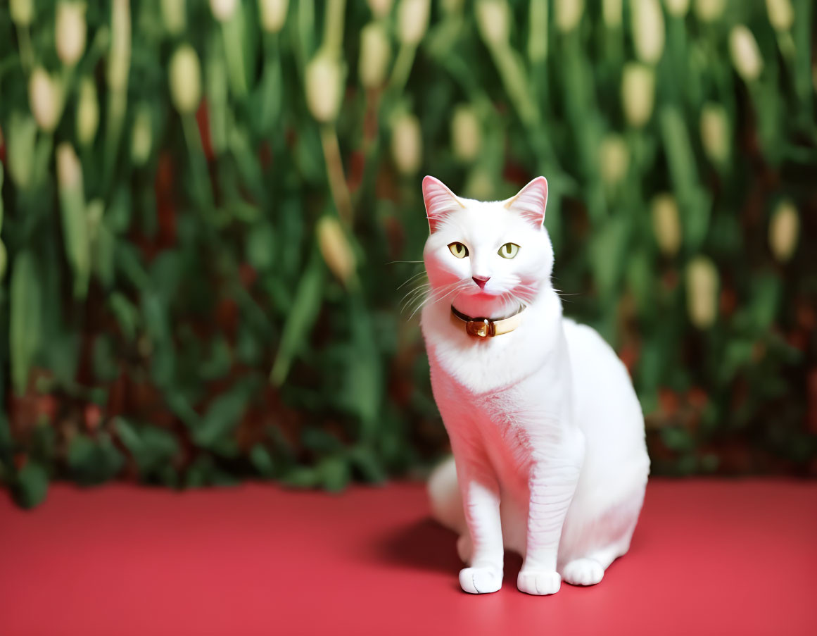 White Cat with Golden Collar on Red Surface Among Tulips