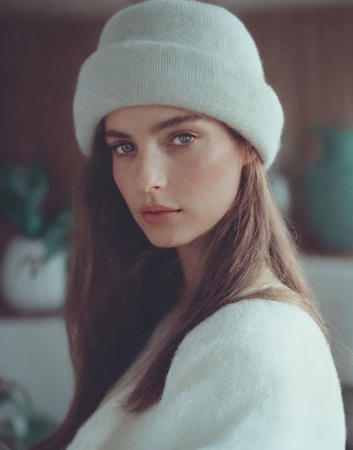 Brown-haired woman in white beanie and sweater glances back, soft focus backdrop