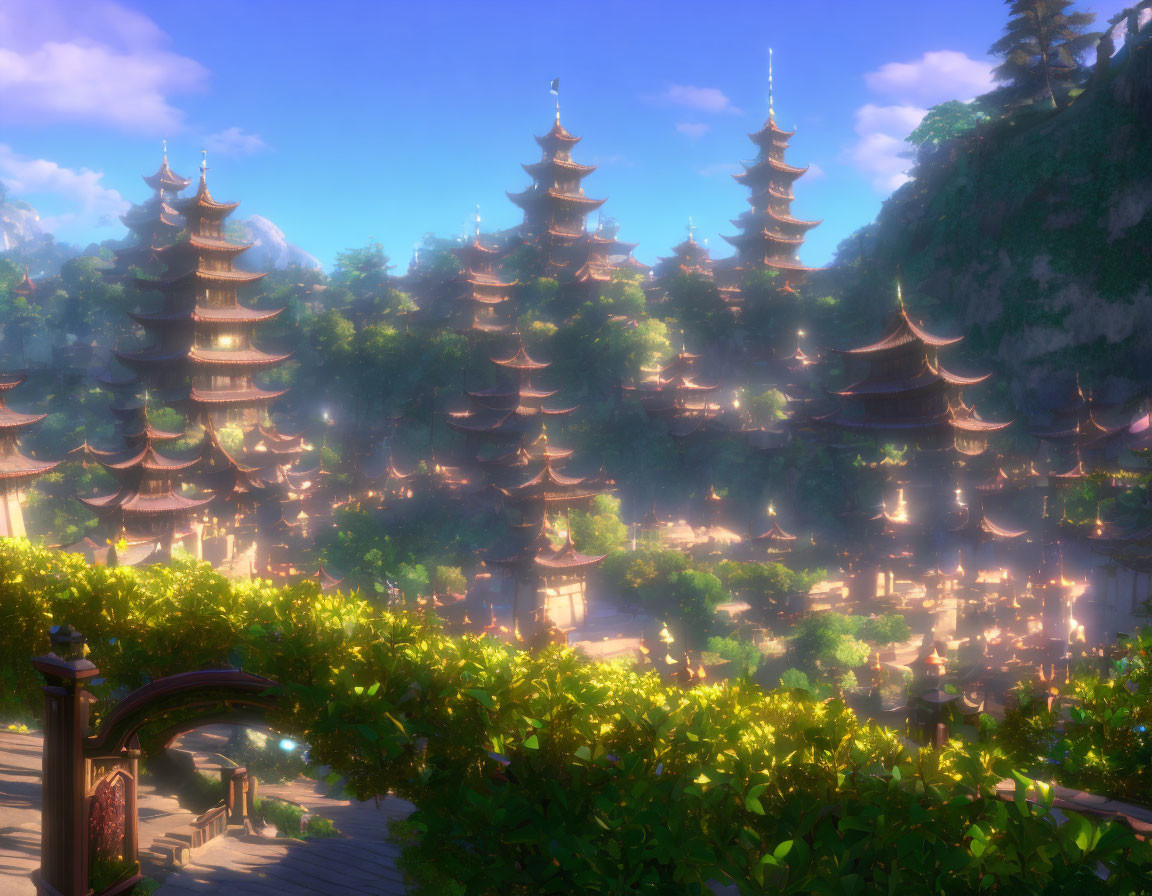 Fantasy landscape with traditional pagoda towers in lush greenery