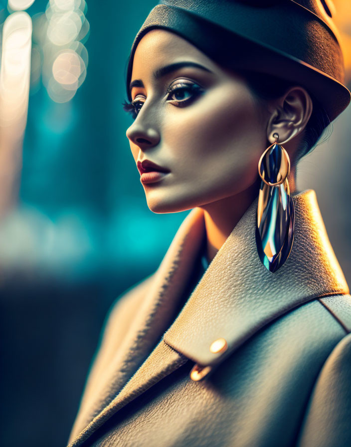 Stylish woman in hat and large earring poses in coat under warm lighting