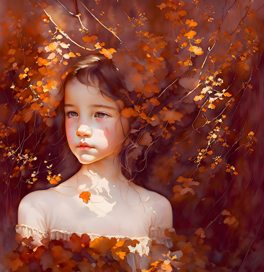 Young girl with solemn expression in vibrant orange leaves and warm autumn backdrop.