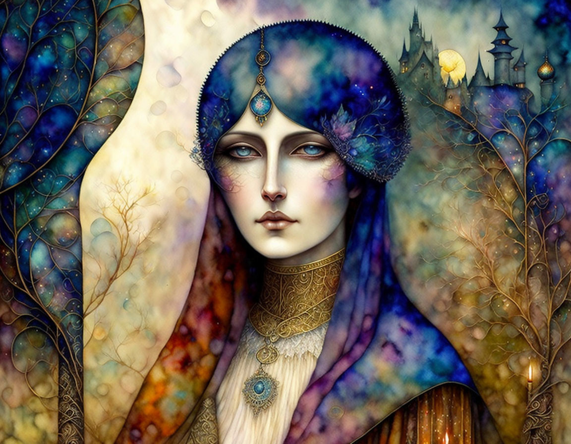 Surreal digital art: woman with peacock feathers, mystical trees, fantasy castle.