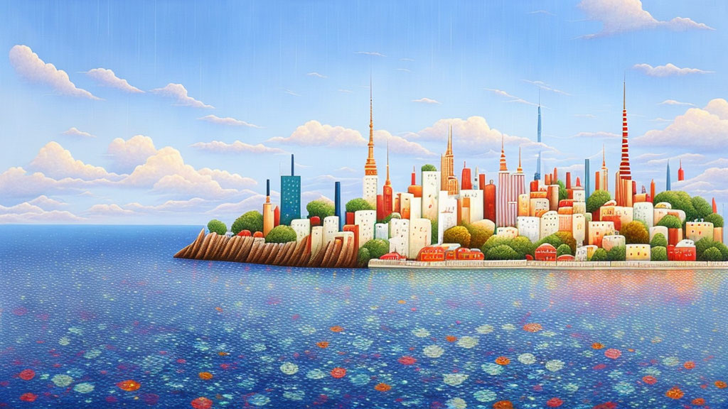 Colorful cityscape illustration with spire-topped buildings and flowers on water surface