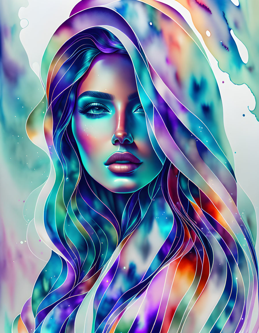 Colorful digital portrait of a woman with flowing hair on cosmic background