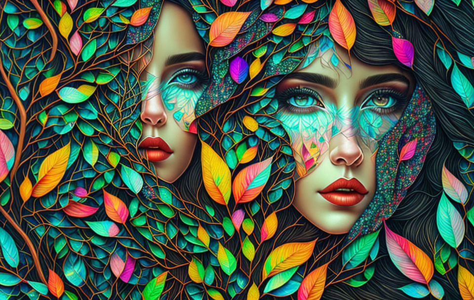 Colorful digital artwork featuring two faces with intricate patterns and leaves.