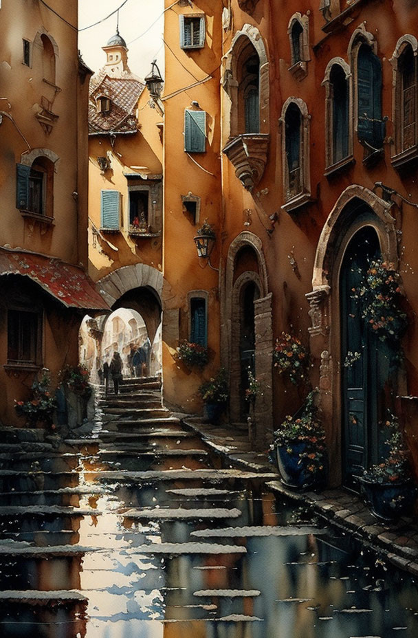 Scenic alley with orange walls, arched doorways, balconies, and water puddle