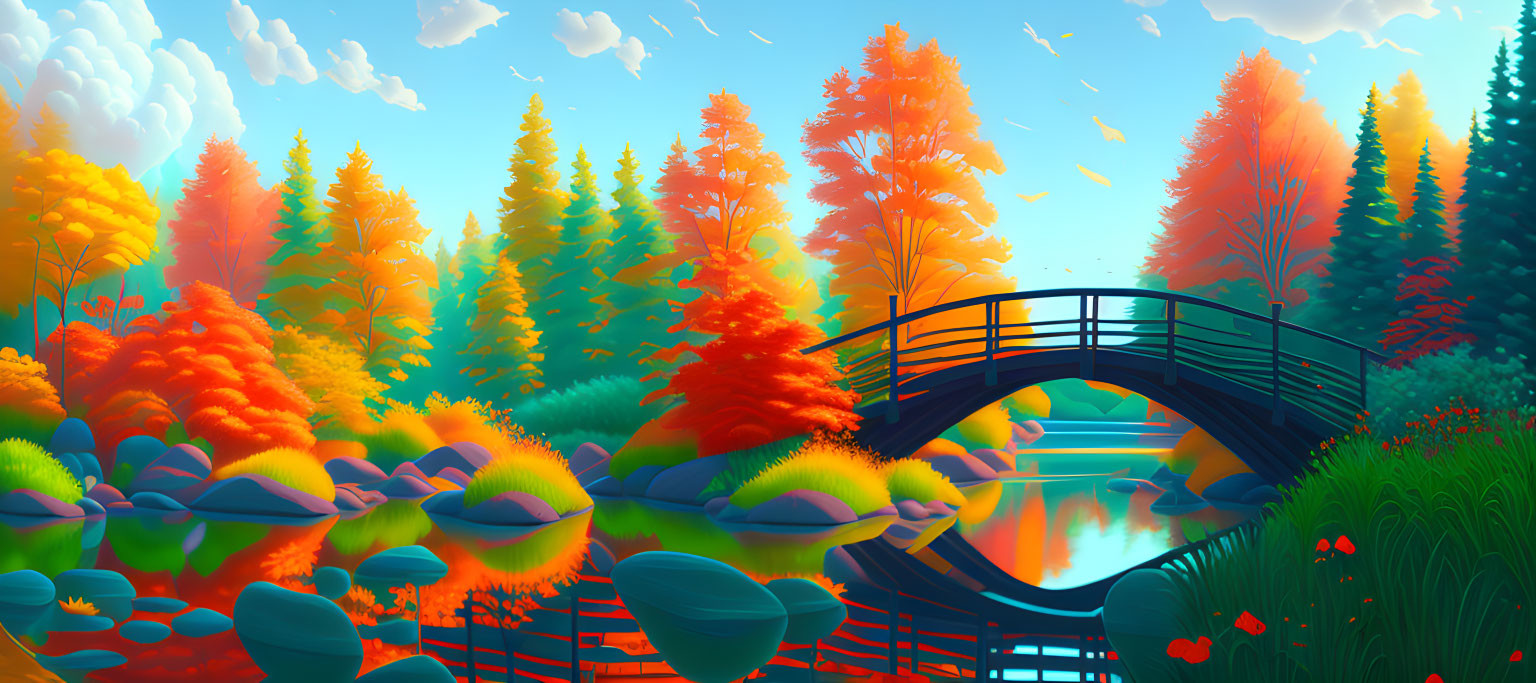 Tranquil river and autumnal forest with footbridge