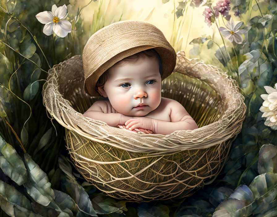 Adorable baby in wicker basket with straw hat and white flower