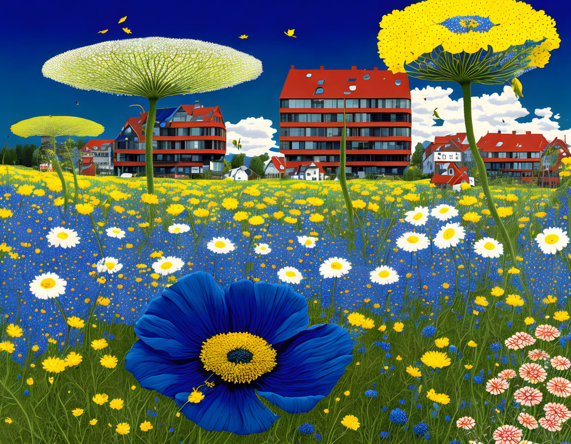 Colorful field of blue and yellow flowers under clear sky