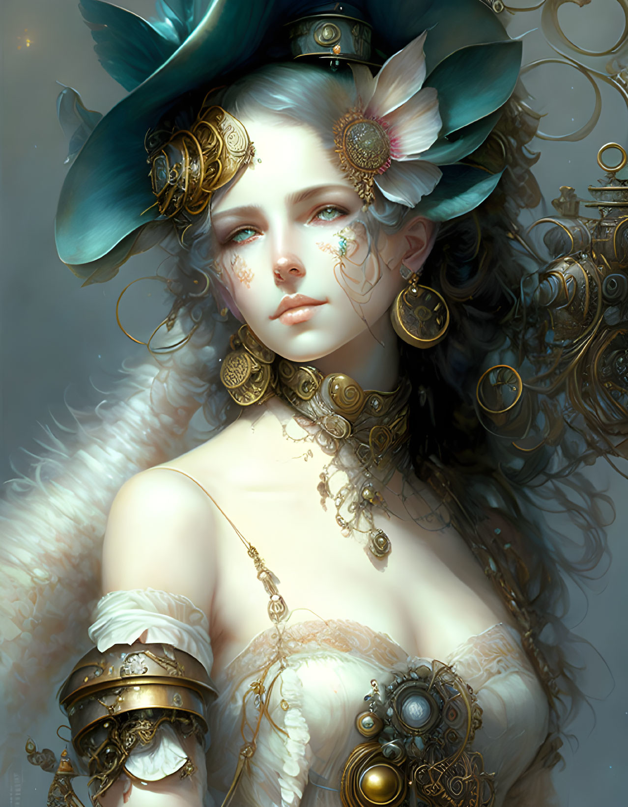 Portrait of woman with ethereal beauty and steampunk accessories.