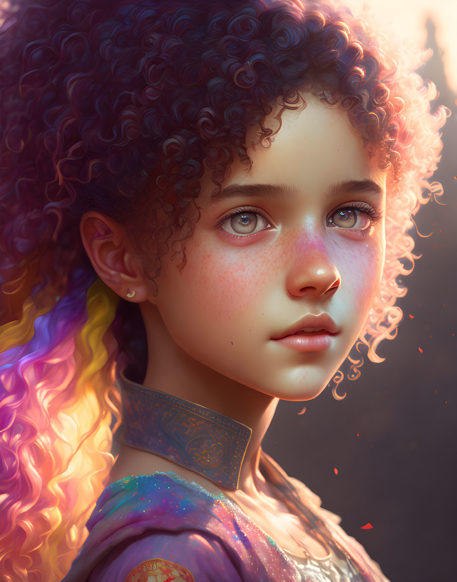 Young girl's digital portrait with curly hair transitioning from brunette to rainbow colors, freckles, and