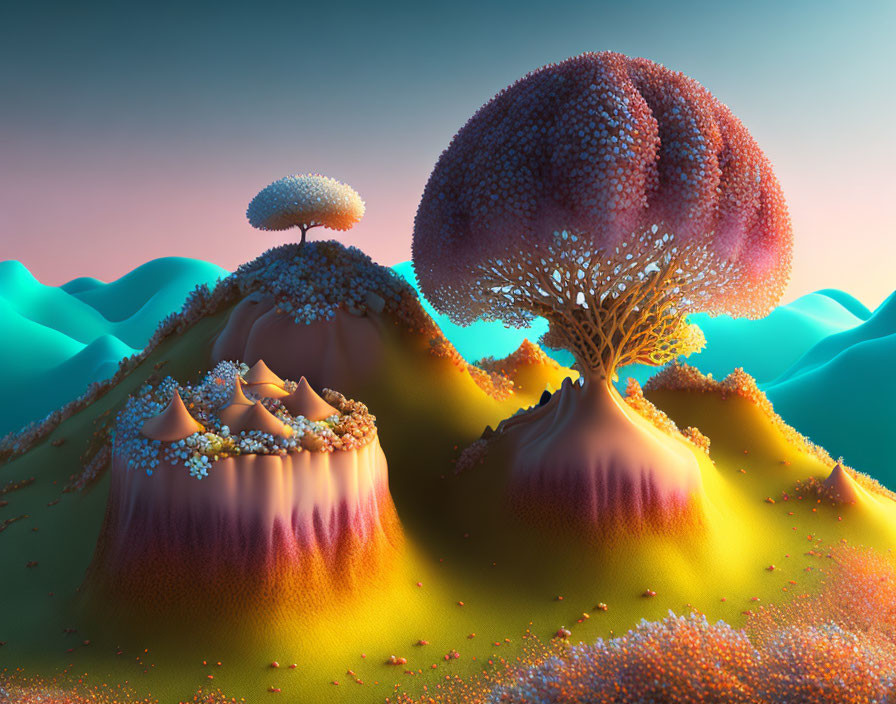 Surreal Landscape with Stylized Trees and Vibrant Colors