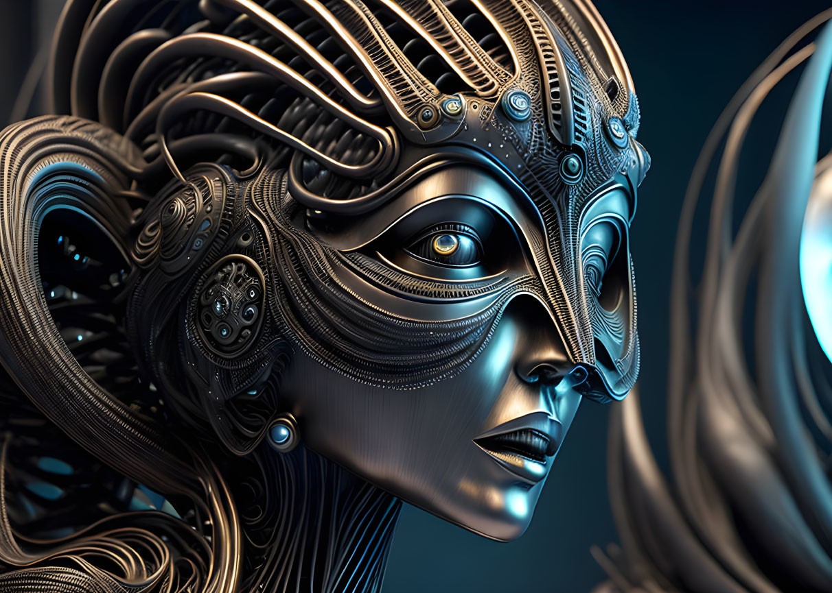 Detailed 3D humanoid robot illustration with intricate metal designs and futuristic female face.