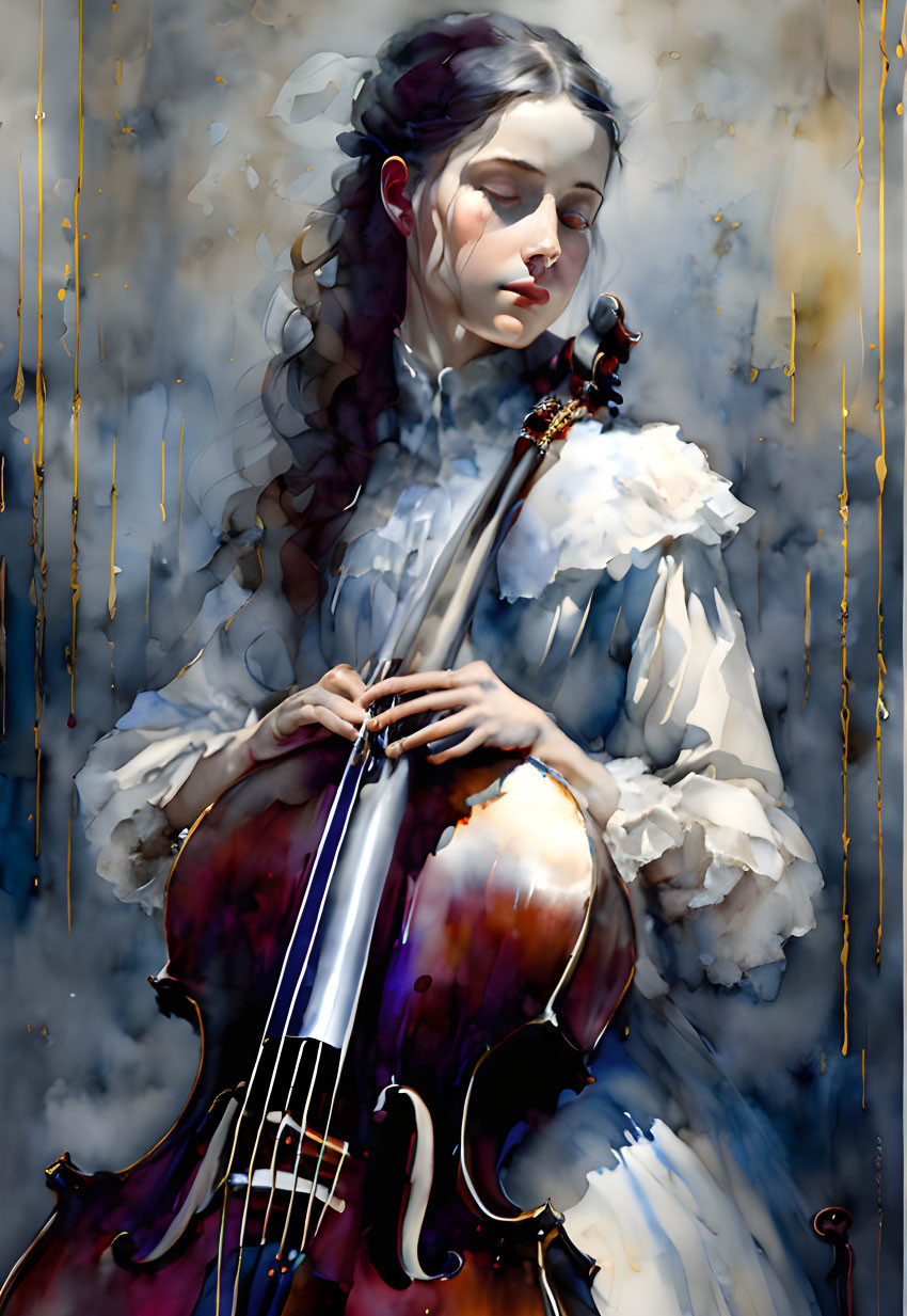 Vintage attire woman playing cello in dreamy watercolor style