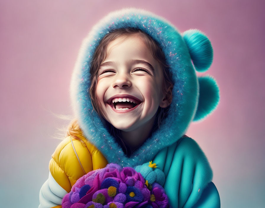 Smiling girl in colorful winter coat with flower bouquet