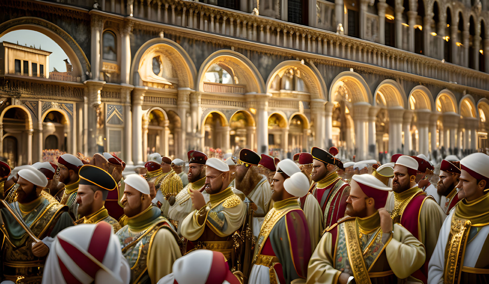 Men in traditional attire gather in historic square.