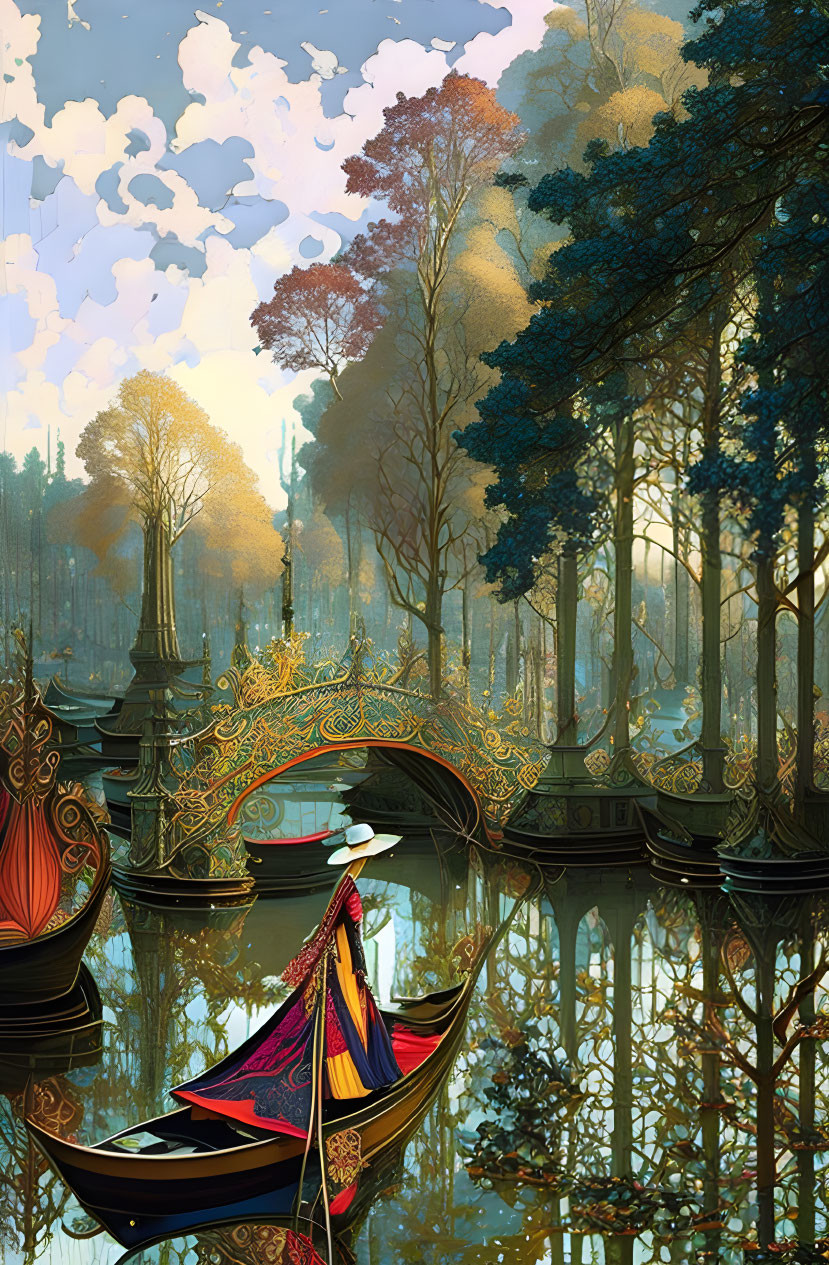 Ornate gondola with passenger under golden bridge in serene forested setting