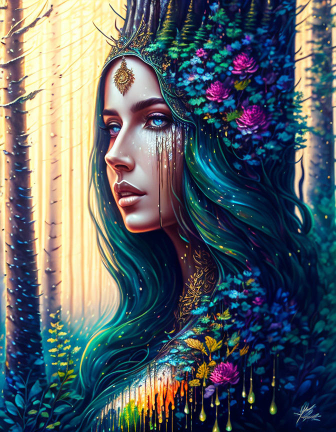 Colorful Female Figure Surrounded by Floral Motifs in Mystical Forest