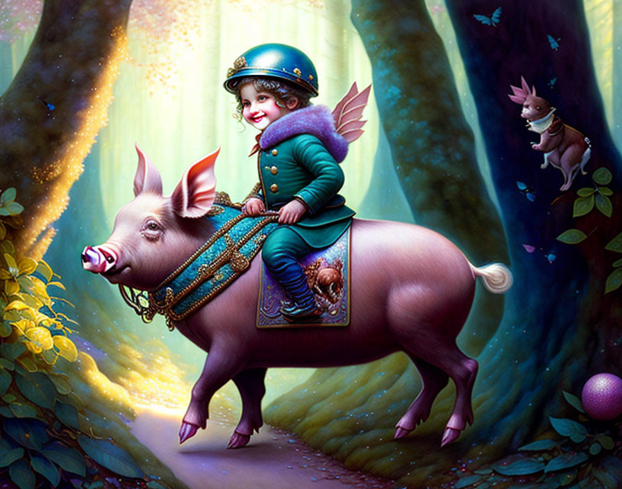 Child in whimsical outfit rides flying pig through colorful forest