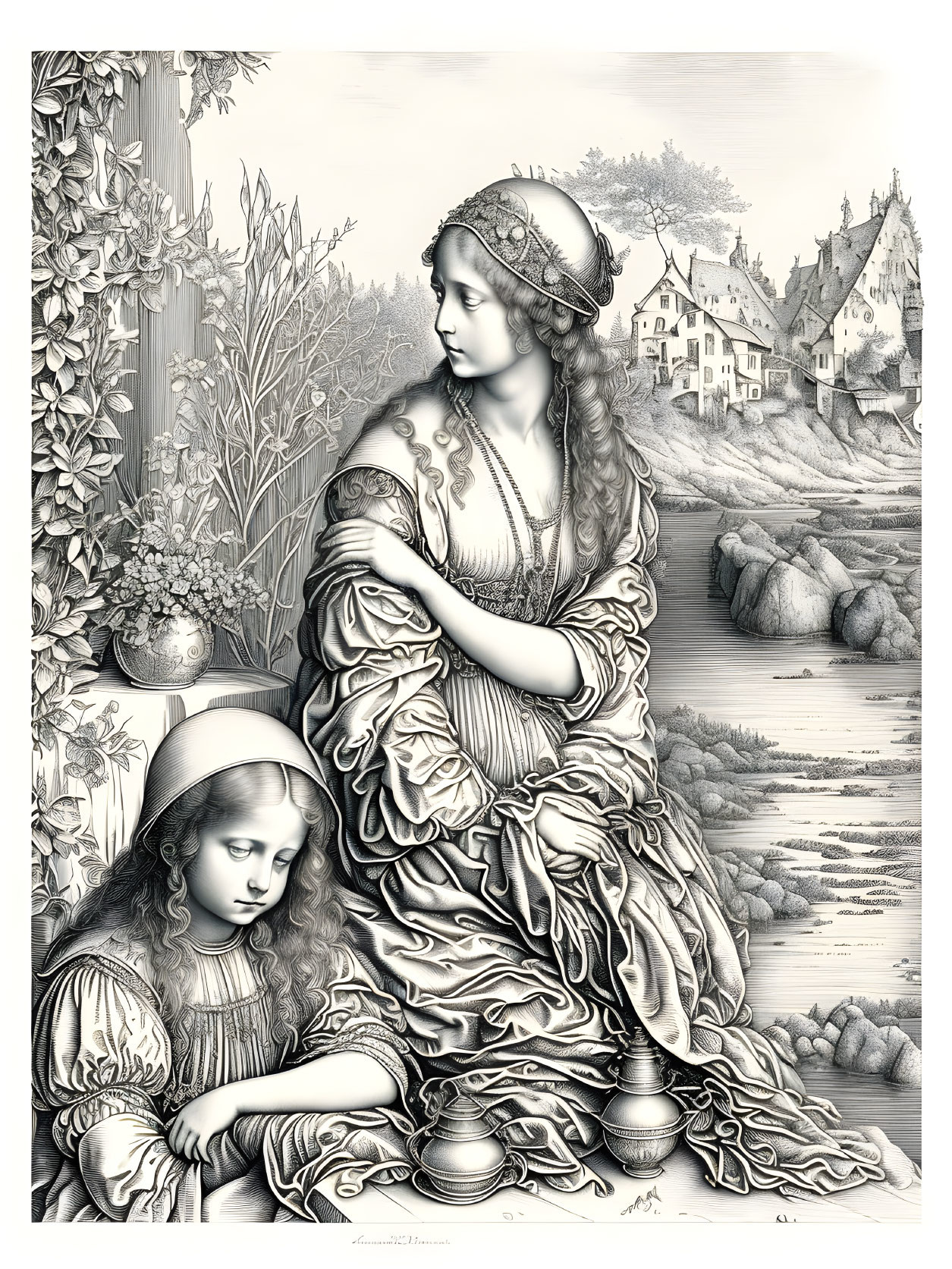 Detailed black and white illustration of woman and girl in classical attire by village river